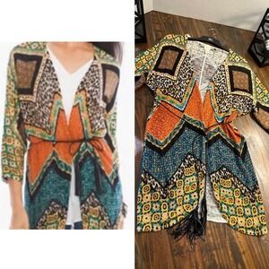 Chico's Kimono‎ Duster Cardigan Patterned Fringed Bohemian Size 1 US Medium